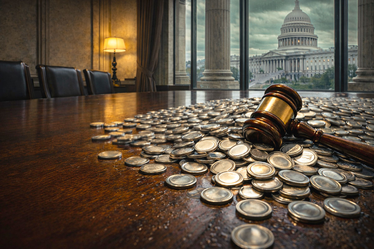 Gavel on a conference table covered with coins overlooking the US Capitol, illustrating the broader congressional battle behind stablecoin legislation